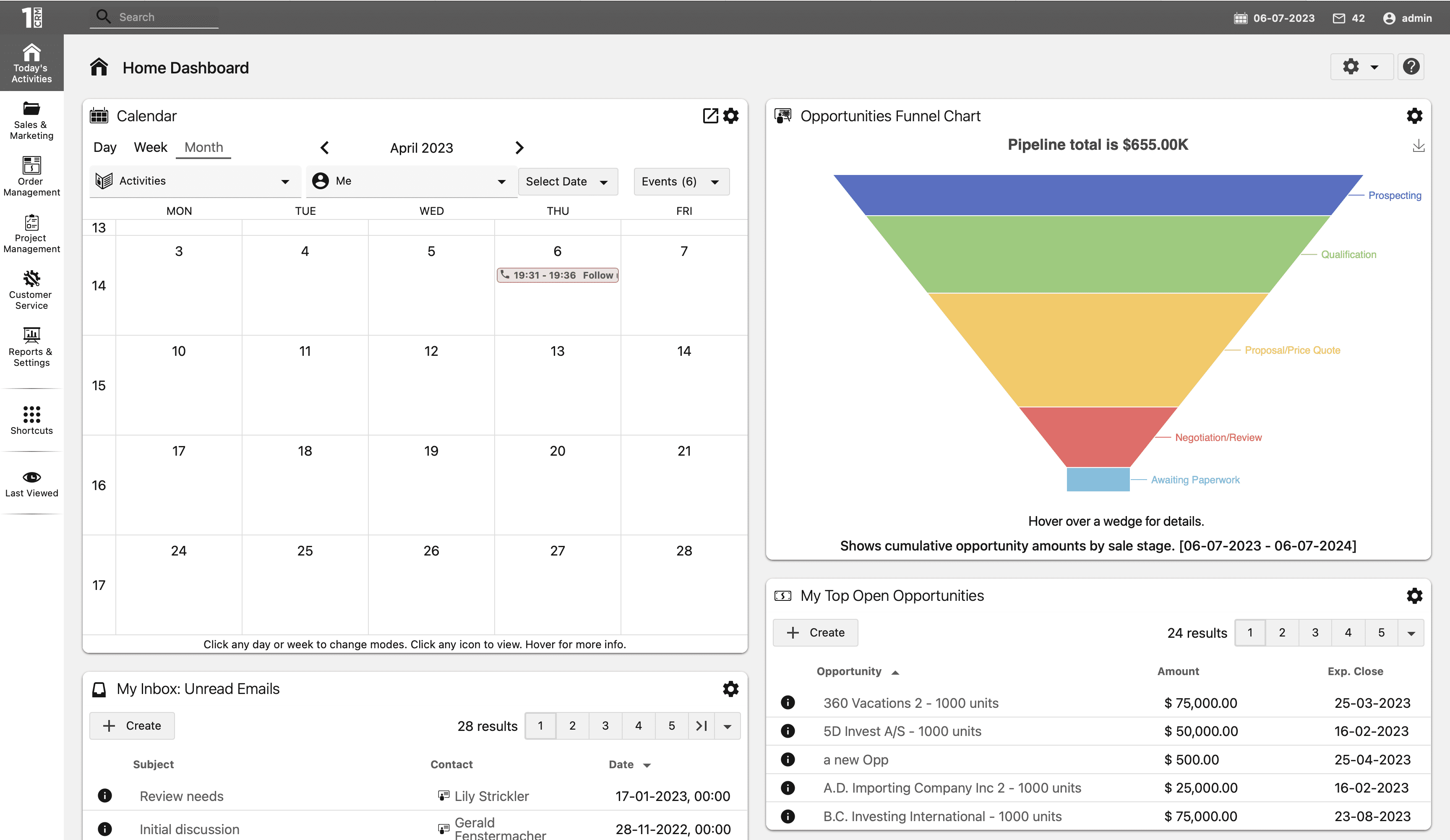 Screenshot 2023-07-06 at 11.44.52 AM 1CRM homepage in light mode